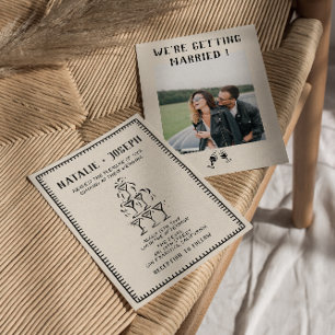 Retro Hand Drawn Champagne Old Money Photo Wedding Invitation