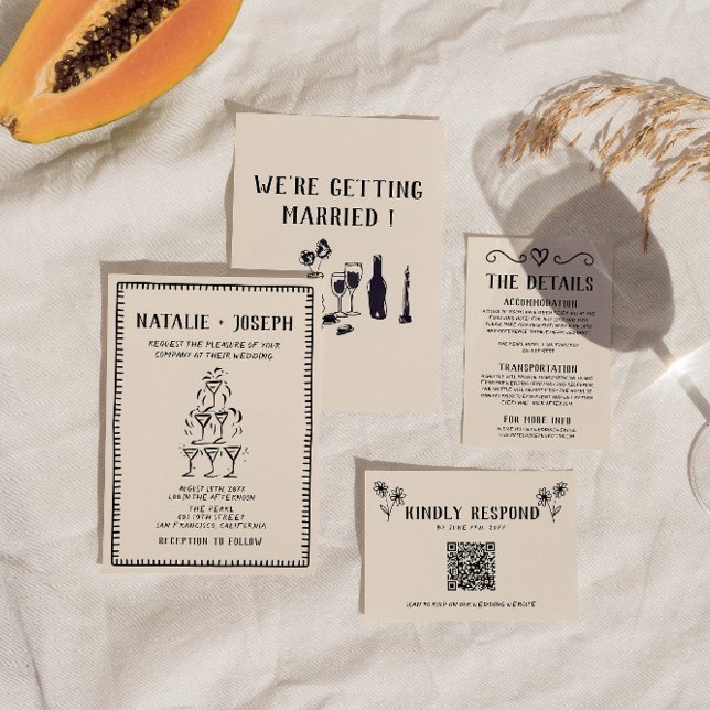 Retro Hand Drawn Champagne Tower Old Money Wedding Invitation (Creator Uploaded)