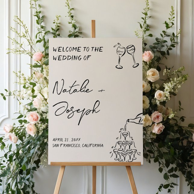 Retro Hand Drawn Champagne Tower Wedding Welcome Foam Board (Creator Uploaded)