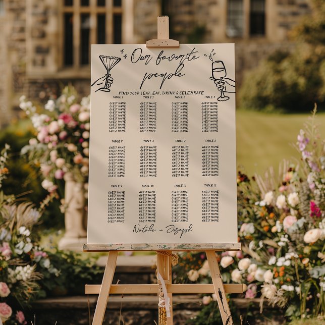 Retro Hand Drawn Champagne Wedding Seating Charts Foam Board (Creator Uploaded)