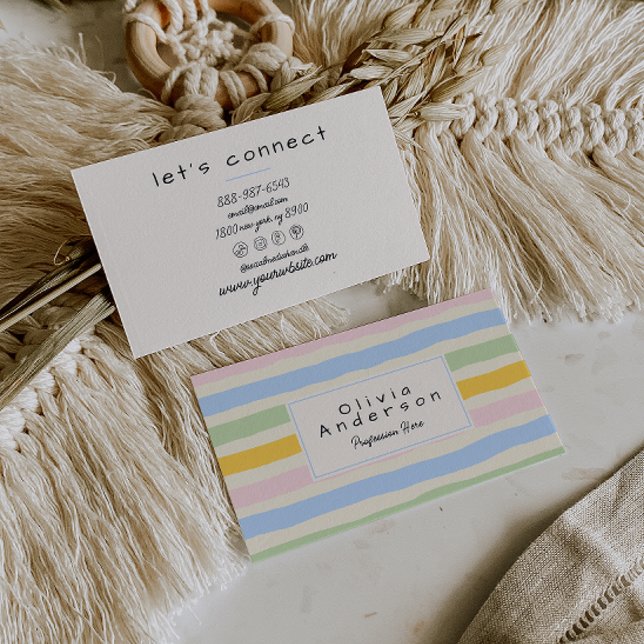 Retro Hand Drawn Colorful Stripes Pastel Boho Business Card (Creator Uploaded)