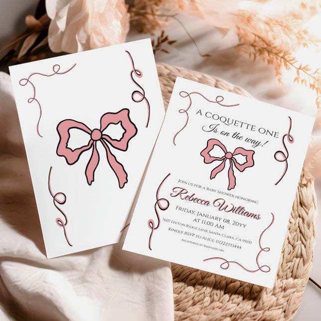 Retro Hand Drawn Coquette Pink Bow Baby Shower Invitation (Creator Uploaded)