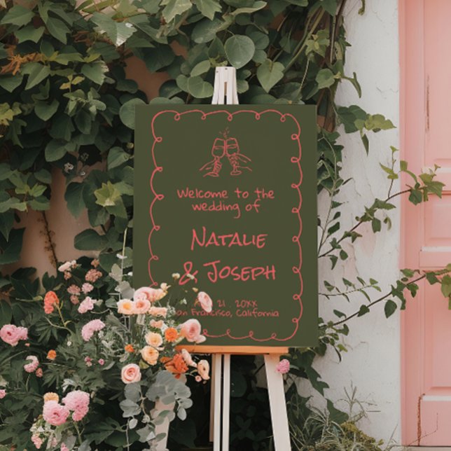 Retro Hand Drawn Coral Champagne Wedding Welcome Foam Board (Creator Uploaded)
