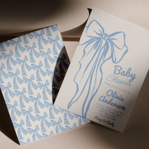 Retro Hand Drawn Dusty Blue Bow Boy Baby Shower Invitation