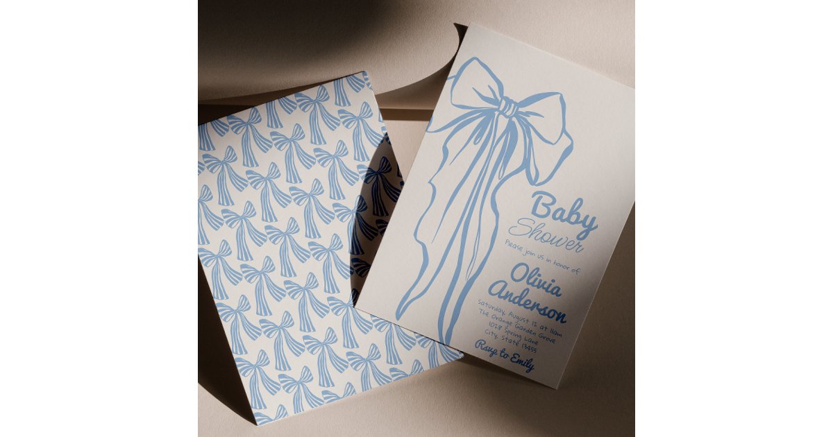 Retro Hand Drawn Dusty Blue Bow Boy Baby Shower Invitation | Zazzle