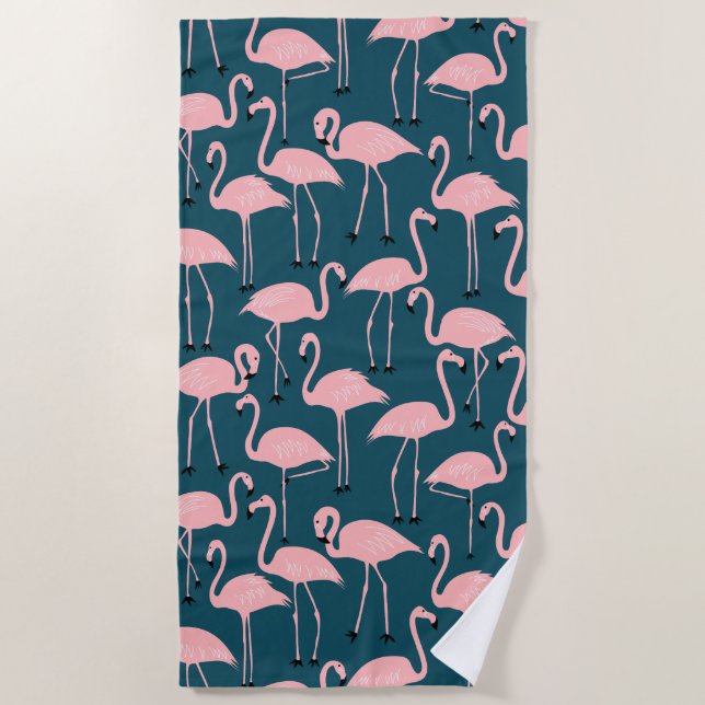 Retro Hand-Drawn Flamingo Pattern | Teal Pink Beach Towel (Front)
