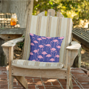 Retro Hand-Drawn Flamingo Tropical Pattern Navy Outdoor Pillow