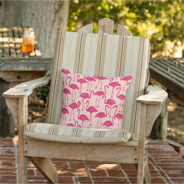 Retro Hand-Drawn Flamingo | Tropical Pattern Pink Outdoor Pillow (Chair)