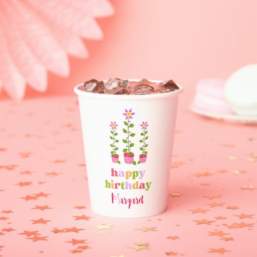 Retro Hand_Drawn Floral Personalized Birthday Paper Cups