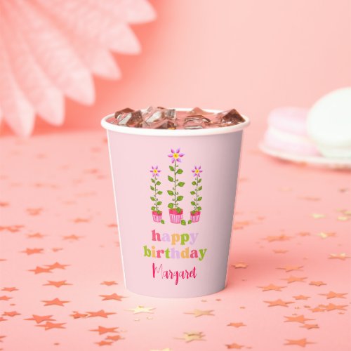 Retro Hand_Drawn Floral Personalized Pink Birthday Paper Cups
