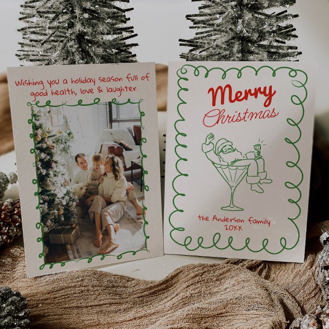 Retro Hand Drawn Fun Santa Champagne Christmas Holiday Card (Creator Uploaded)