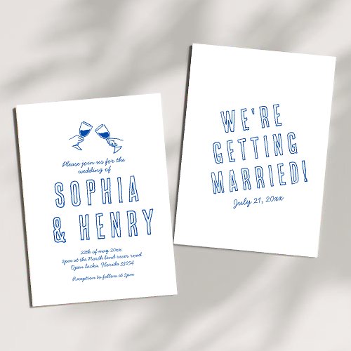 retro Hand drawn funky Blue Quirky Wedding  Invitation