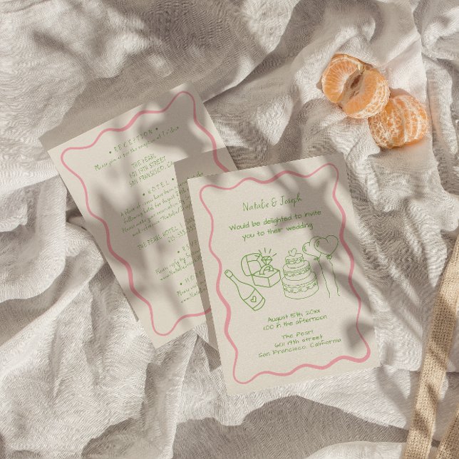 Retro Hand Drawn Funky Modern All In One Wedding   Invitation (Creator Uploaded)