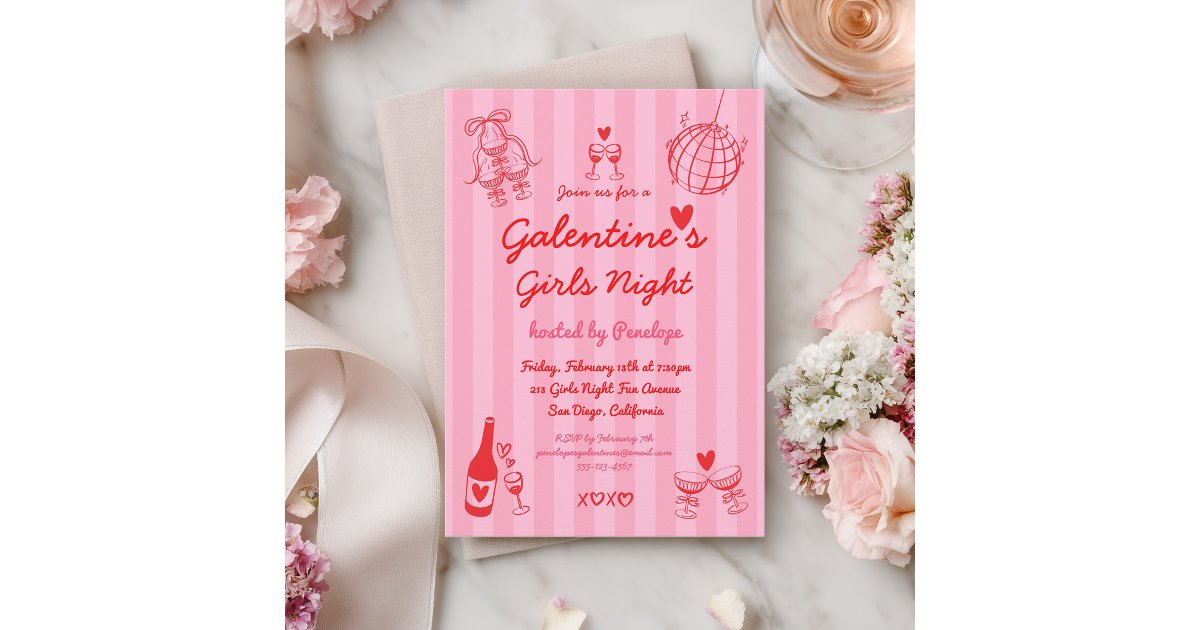 Retro Hand Drawn Galentine's Girls Night Party Invitation | Zazzle