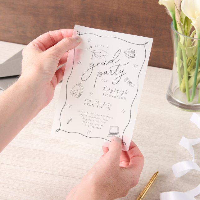 Retro Hand Drawn Grad Party Vellum Invitation (Handheld)