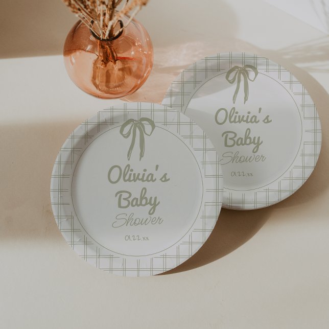 Retro Hand Drawn Green Bow Gingham Baby Shower  Paper Plates (Creator Uploaded)