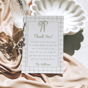 Retro Hand Drawn Green Gingham Bow Baby Shower Thank You Card