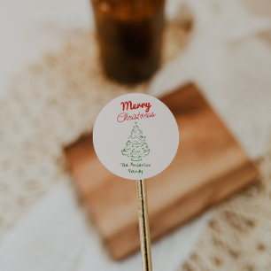 Retro Hand Drawn Green Red Christmas Tree Vintage Classic Round Sticker