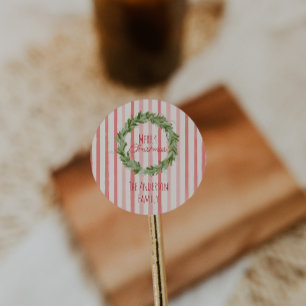 Retro Hand Drawn Green Red Christmas Wreath  Classic Round Sticker