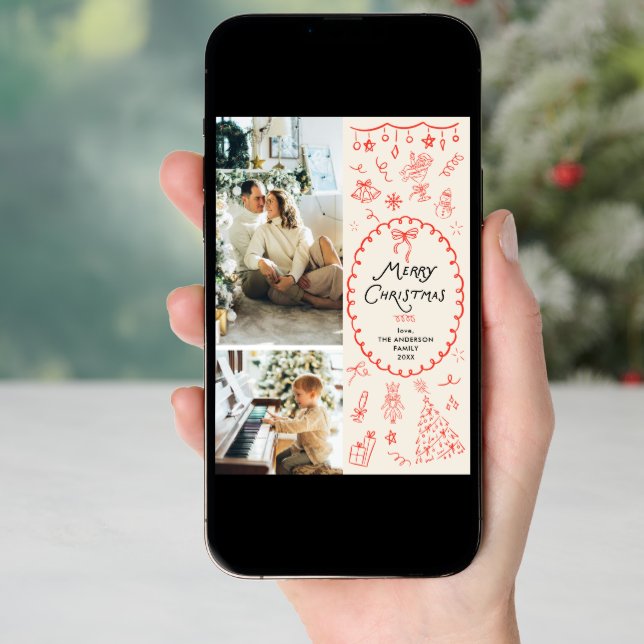 Retro Hand Drawn Icons Merry Christmas 2 Photo Holiday Card (Front Digital)