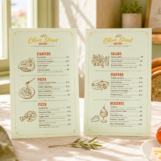 Retro Hand Drawn Italian Cafe or Bistro Menu (Vintage Hand Drawn Italian Restaurant Menu Card)