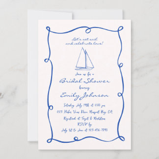 Retro Hand Drawn Nautical Sailboat Bridal Shower Invitation