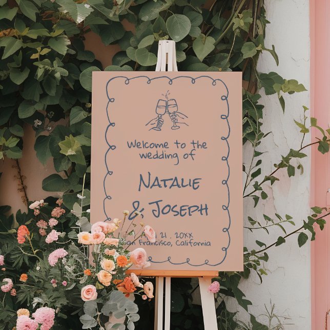 Retro Hand Drawn Navy Blue Champagne Wedding  Foam Board (Creator Uploaded)
