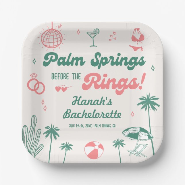 Retro Hand Drawn Palm Springs Bachelorette  Paper Plates (Front)