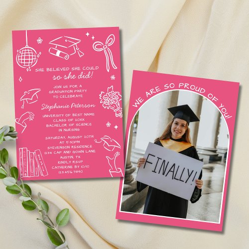 Retro Hand Drawn Pink Doodle Photo Graduation