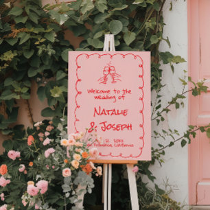 Retro Hand Drawn Pink Red Champagne Funky Wedding  Foam Board