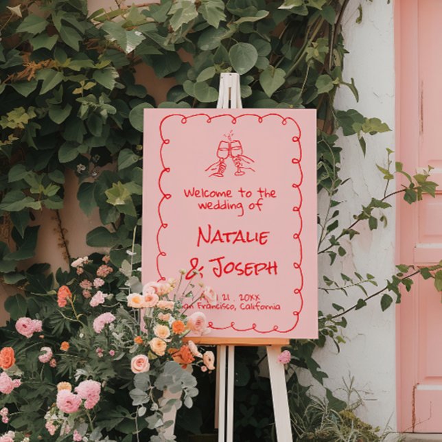 Retro Hand Drawn Pink Red Champagne Funky Wedding  Foam Board (Creator Uploaded)