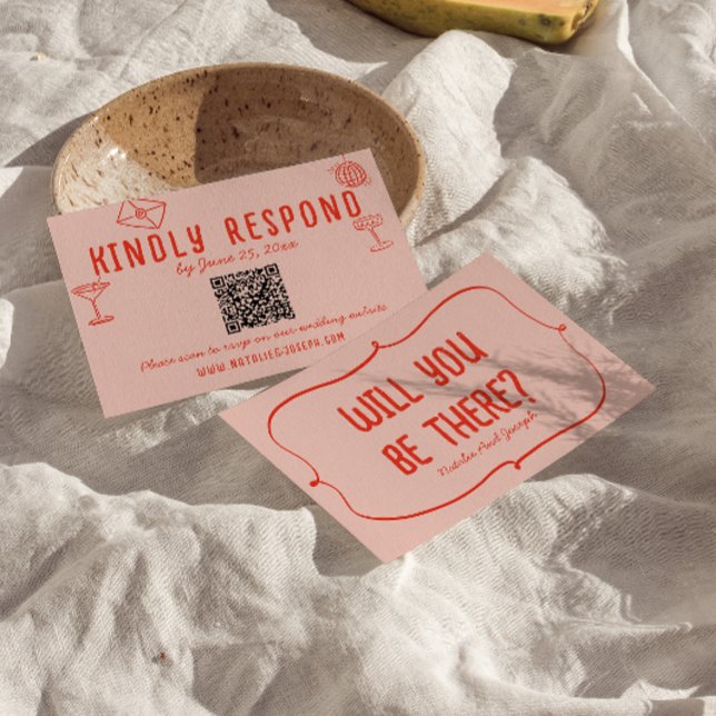 Retro Hand Drawn Pink Red Unique QR Code Wedding  RSVP Card (Creator Uploaded)