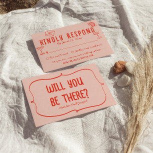 Retro Hand Drawn Pink Red Unique Quirky Wedding RSVP Card