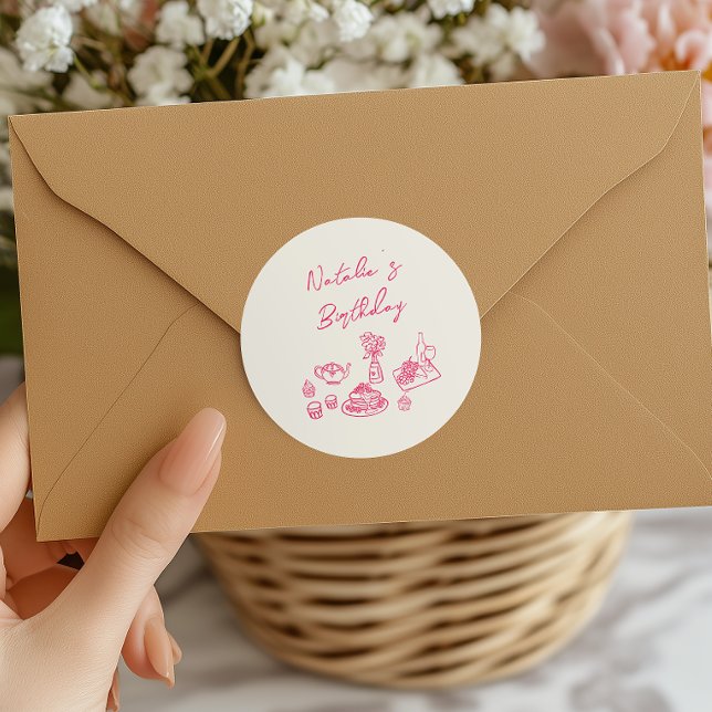 Retro Hand Drawn Pink Tableware Birthday Brunch Classic Round Sticker (Creator Uploaded)
