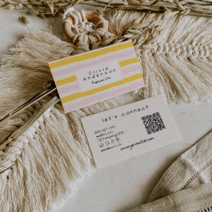 Retro Hand Drawn Pink Yellow Stripes QR Code Boho Business Card