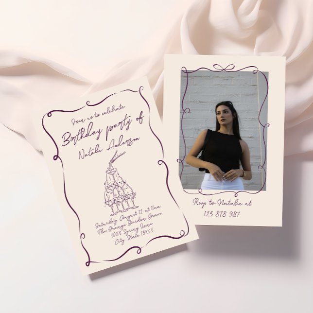 Retro Hand Drawn Purple Wavy Photo Birthday Party Invitation (Creator Uploaded)