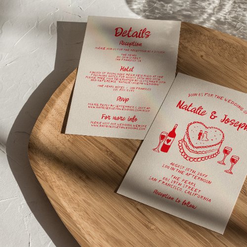 Retro Hand Drawn Quirky Cake All In One Wedding Invitation