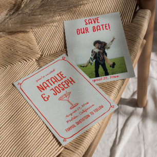 Retro Hand Drawn Red Blue Cocktail Photo Wedding Save The Date