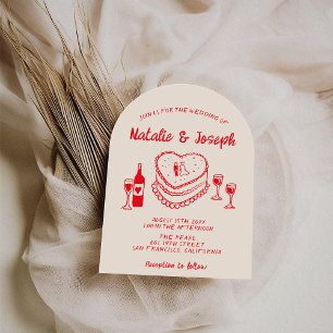 Retro Hand Drawn Red Cake Modern Arched Wedding Invitation