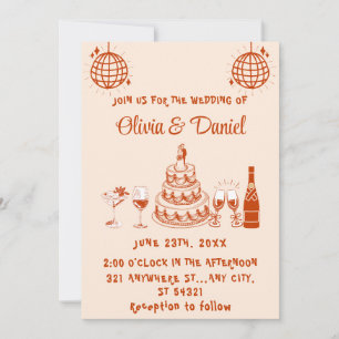 Retro Hand Drawn Red Cake Modern Wedding Invitation