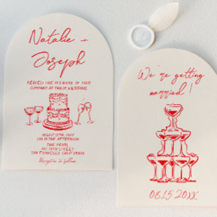 Retro Hand Drawn Red Cake Unique Arched  Wedding Invitation