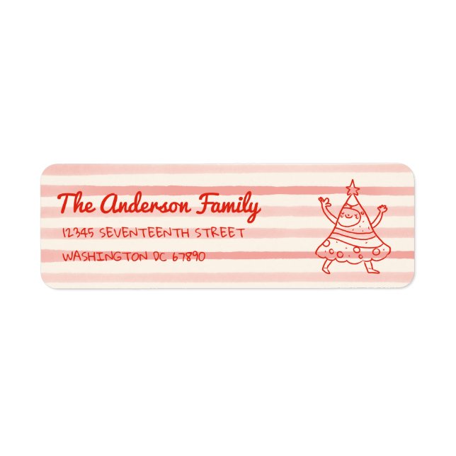 Retro Hand Drawn Red Funny Christmas Tree Address Label (Front)