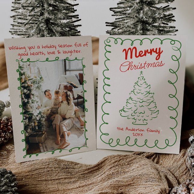 Retro Hand Drawn Red Green Vintage Christmas Tree  Holiday Card (Creator Uploaded)