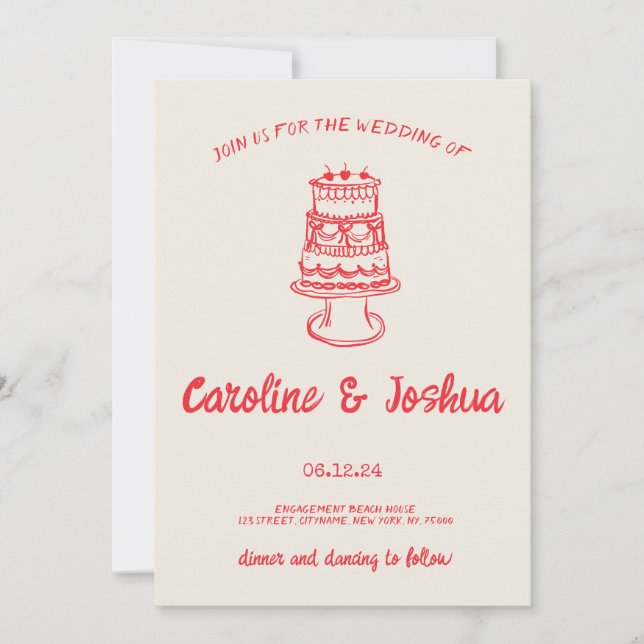 Retro Hand Drawn Red Quirky Cake Modern Wedding Holiday Card (Front)