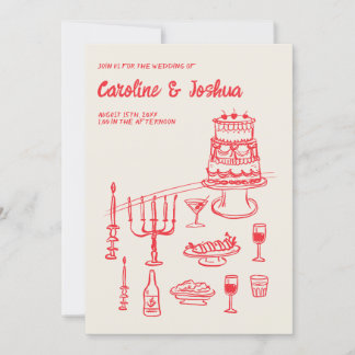 Retro Hand Drawn Red Quirky Cake Modern Wedding Invitation