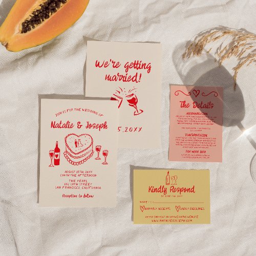 Retro Hand Drawn Red Quirky Cake Modern Wedding  Invitation