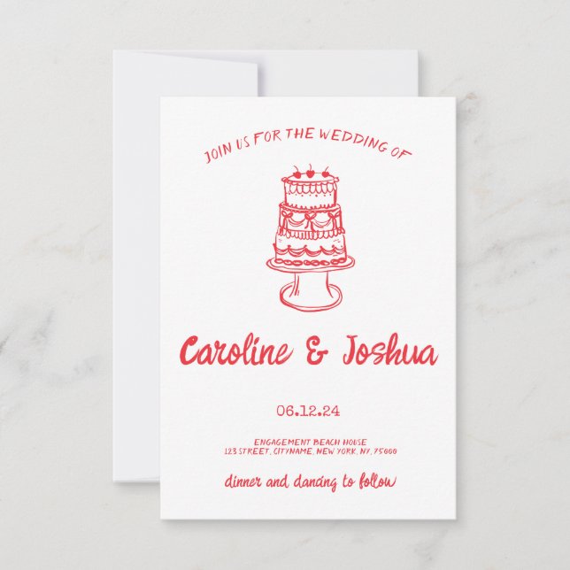 Retro Hand Drawn Red Quirky Cake Modern Wedding  Thank You Card (Front)