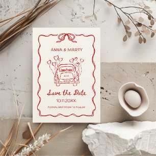 Retro Hand-drawn Red Unique Bow Wedding Car Save The Date