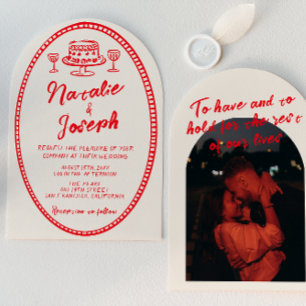 Retro Hand Drawn Red Unique Photo Arched Wedding Invitation