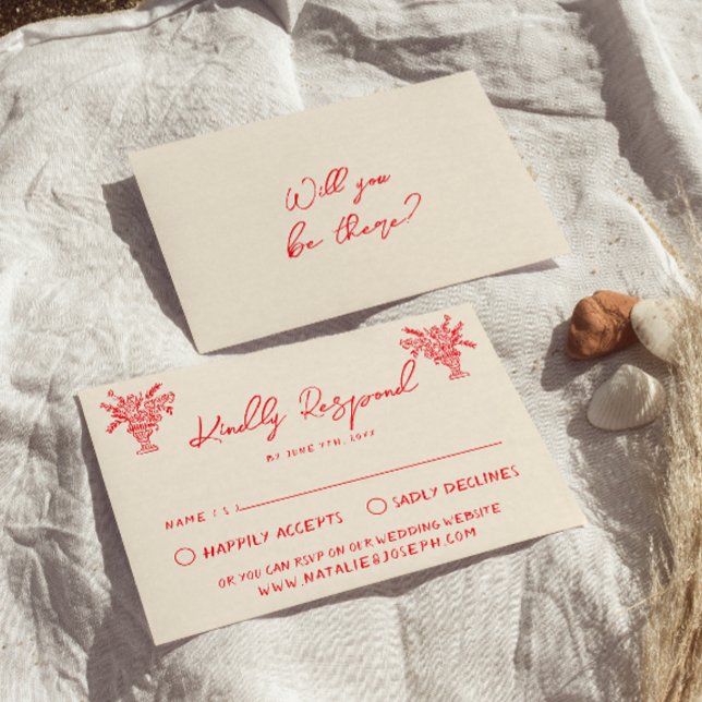 Retro Hand Drawn Red Unique Quirky Wedding RSVP Card (Creator Uploaded)